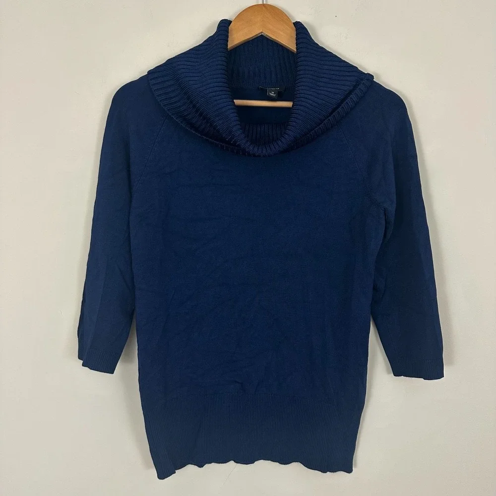 Ann Taylor Sweater Dark Blue Ribbed Knit 3/4 Sleeve Turtle Neck Womens Medium